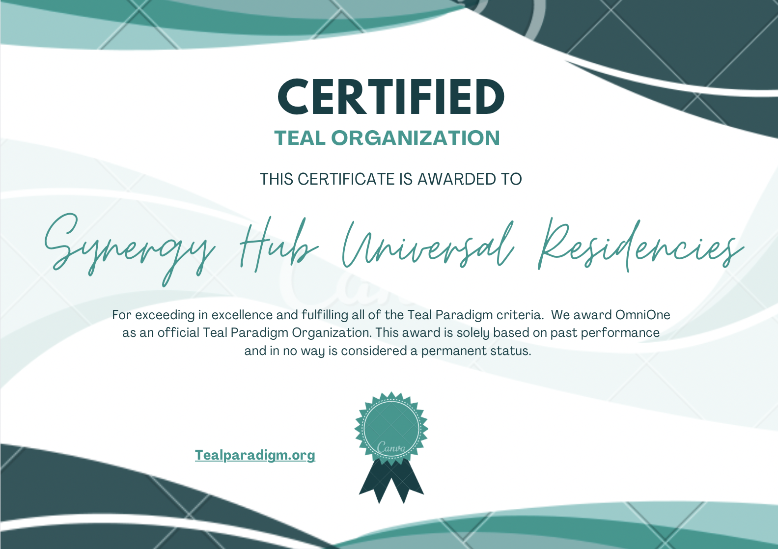 Certified Teal Organization, awarded to Synergy Hub Universal Residencies